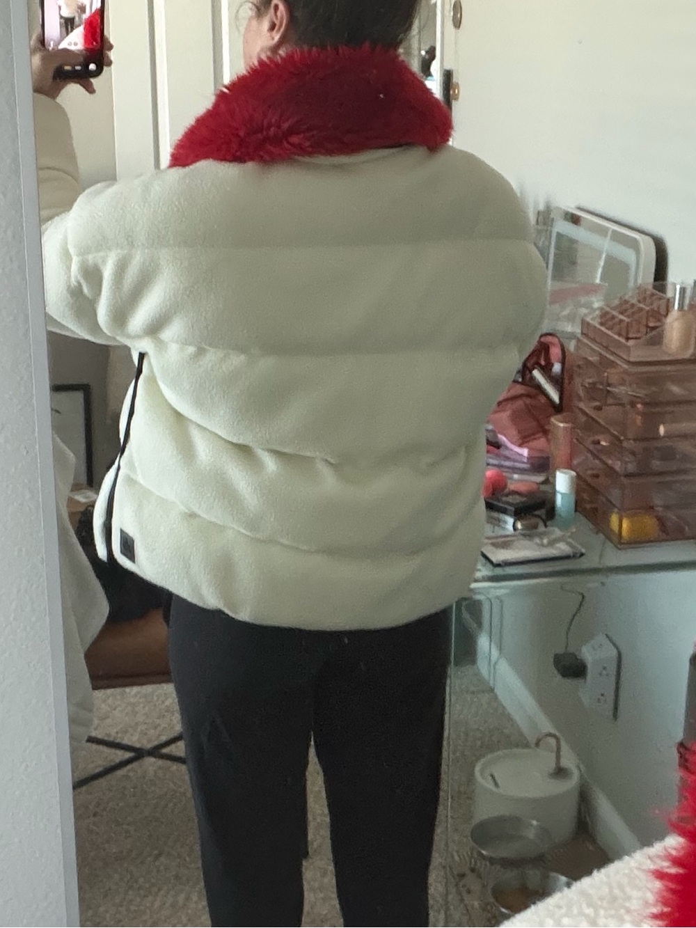 White Moncler Sherpa Puffer Jacket with Red Fur Collar - Picture 10 of 10
